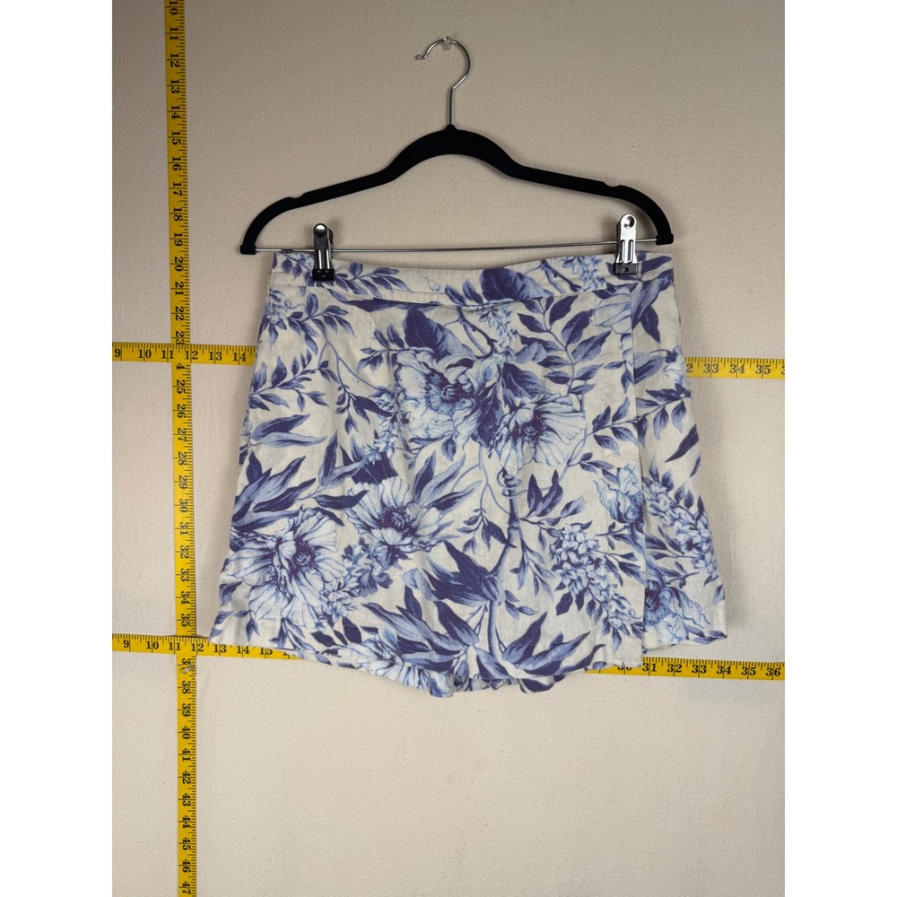 Ellen Tracy Skort Women Medium Cottage Core Blue Linen Floral Toile Fairy Pocket